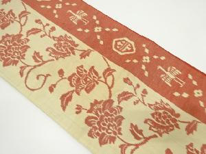 アンティーク　手織り紬縞に花唐草・鳥模様織り出し全通袋帯（材料）